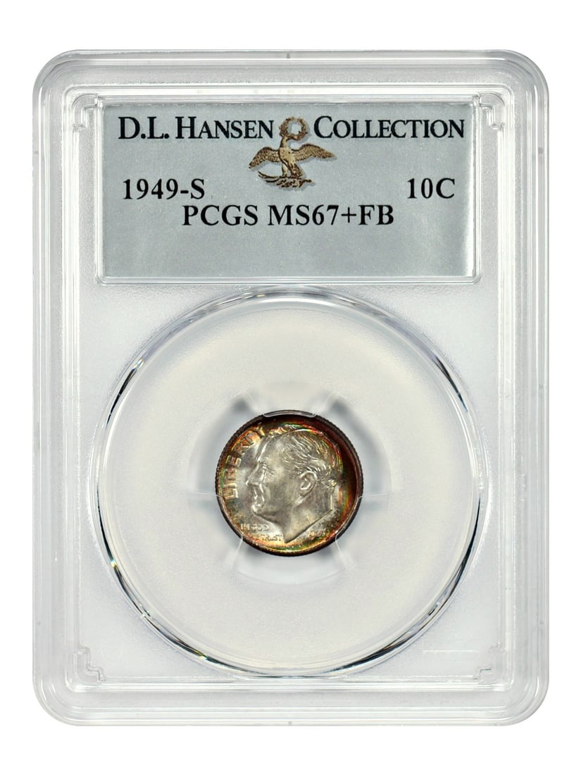 1949-S Roosevelt Dime PCGS MS67+FB with Rainbow Toning: 1949-S Roosevelt Dime PCGS MS67+FB with Rainbow Toning This 1949-S Roosevelt Dime is graded MS67+FB by PCGS and originates from the D.L. Hansen collection. The coin features bright rainbow toning in c