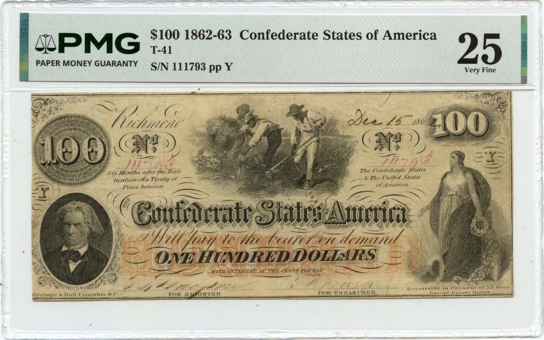 T-41 Confederate States $100 1862 PMG VF25 Certified Note (1 of 2)