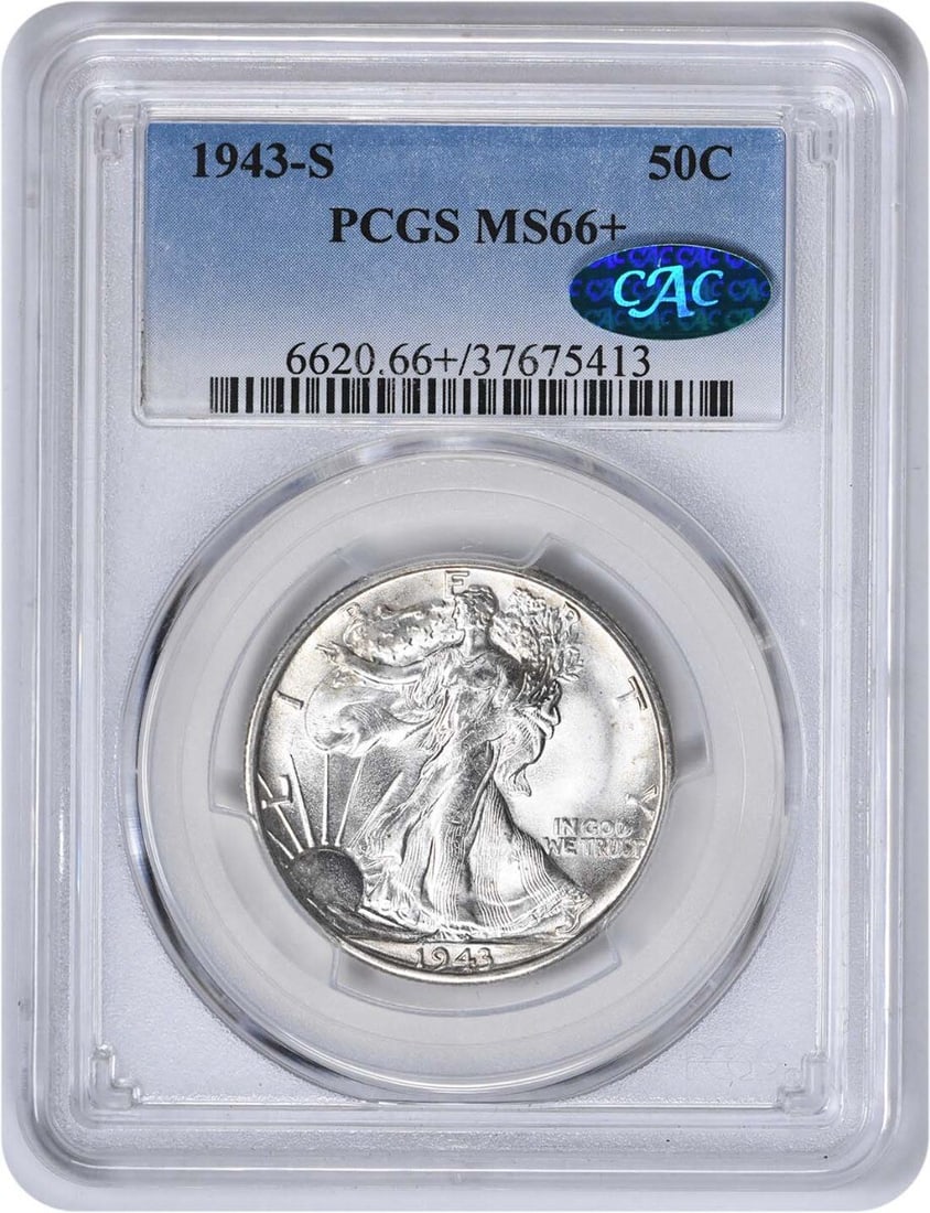 PCGS MS66 Plus 1943-S Liberty Walking Silver 50C Half Dollar: PCGS MS66 Plus 1943-S Liberty Walking Silver 50C Half Dollar This 1943-S Walking Liberty Half Dollar is an uncirculated coin graded MS66+ by PCGS. Struck at the San Francisco Mint, it features the ico