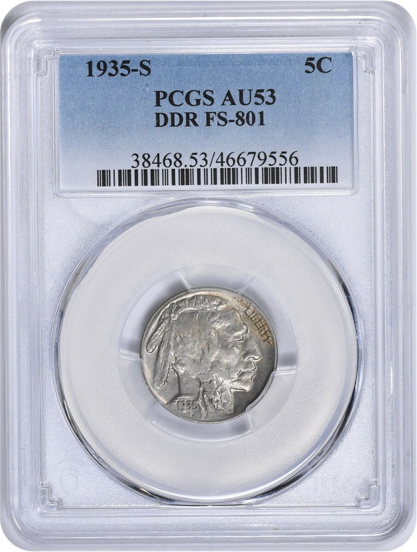PCGS AU53 1935-S Buffalo Nickel DDR FS-801 Certified United States Coin: PCGS AU53 1935-S Buffalo Nickel DDR FS-801 Certified United States Coin This 1935-S Buffalo Nickel features the Doubled Die Reverse (DDR) FS-801 variety and has been graded AU53 by PCGS. The coin is c