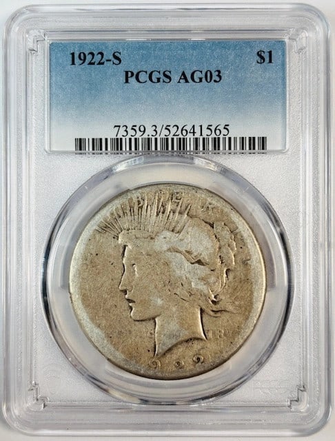 1922 San Francisco Peace Silver Dollar Graded AG 3 by PCGS: 1922 San Francisco Peace Silver Dollar Graded AG 3 by PCGS This is a 1922 S Peace Dollar graded AG 3 by PCGS. The coin is composed of silver, was minted in San Francisco, and is in circulated, pre-own