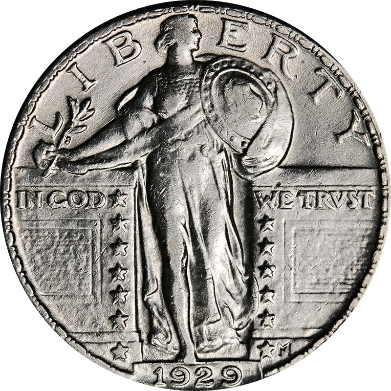 1929-P Standing Liberty Quarter Silver Coin Circulated: 1929-P Standing Liberty Quarter Silver Coin Circulated This 1929-P Standing Liberty Quarter showcases a classic design with a rich history. The coin is made of silver with a fineness of 0.9, indicatin