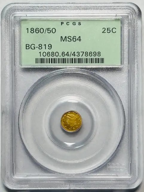 PCGS MS64 BG-819 Liberty Head California Gold Quarter Dollar 1860 over 50: PCGS MS64 BG-819 Liberty Head California Gold Quarter Dollar 1860 over 50 This is a Liberty Head Round California Gold 1/4 Dollar, dated 1860/50, graded MS-64 by PCGS. The coin is uncirculated and com