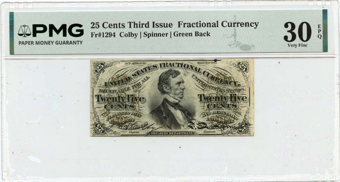 Third Issue 25 Cent Fractional Note FR1294 PMG VF30 United States (1 of 2)