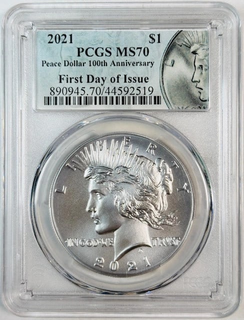 PCGS MS70 Silver 2021 Peace Dollar 100th Anniversary First Day Issue (1 of 2)