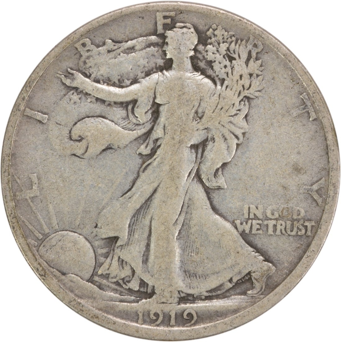 1919-D Walking Liberty Half Dollar 50C Uncertified Silver Coin: 1919-D Walking Liberty Half Dollar 50C Uncertified Silver Coin This 1919-D Walking Liberty Silver Half Dollar is a remarkable piece of American numismatic history. Struck in Denver, this coin features
