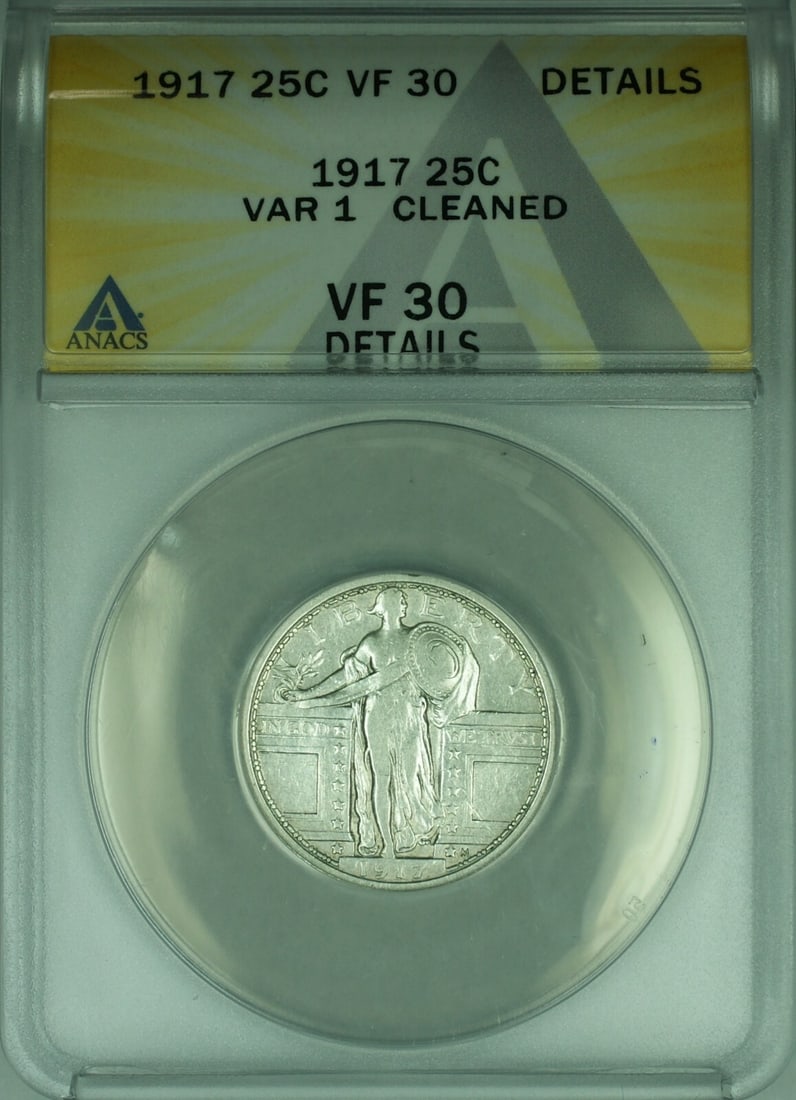 1917 Variety 1 Standing Liberty Quarter Silver ANACS VF-30 Details: 1917 Variety 1 Standing Liberty Quarter Silver ANACS VF-30 Details This is a 1917 Variety 1 Standing Liberty silver quarter, graded VF-30 Details by ANACS. Minted in Philadelphia, this circulated 25-c