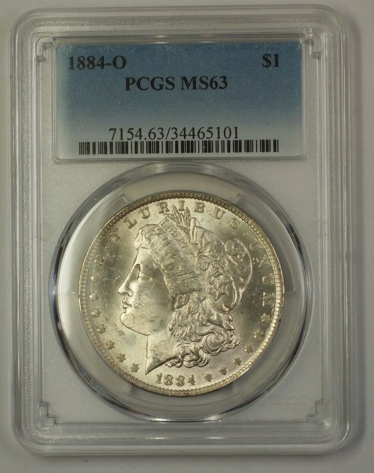 PCGS MS-63 1884-O Morgan Dollar Silver Coin from New Orleans Mint: PCGS MS-63 1884-O Morgan Dollar Silver Coin from New Orleans Mint This is an 1884-O Morgan Silver Dollar $1 coin, graded MS 63 by PCGS. Minted in New Orleans, this uncirculated coin is composed of sil