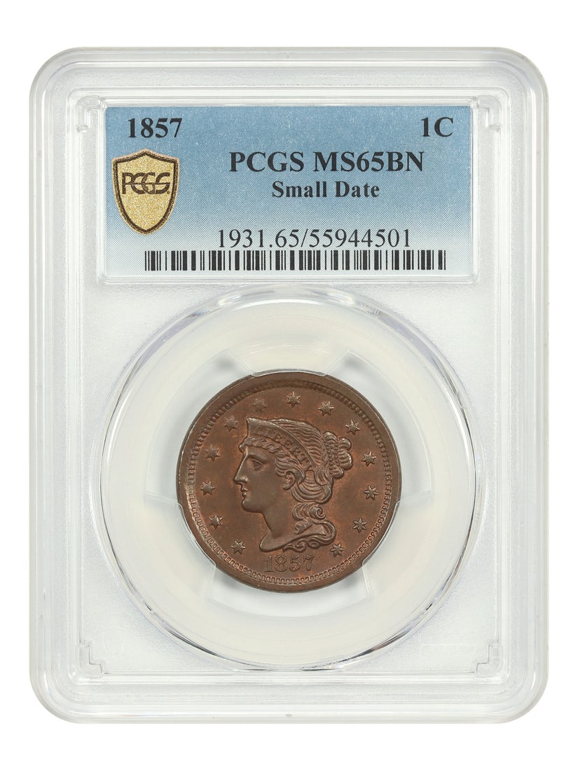 PCGS MS65BN Small Date 1857 Braided Hair One Cent Philadelphia: PCGS MS65BN Small Date 1857 Braided Hair One Cent Philadelphia This 1857 Braided Hair Cent features the Small Date variety and has been graded MS65BN by PCGS, indicating a Mint State with a brown desi