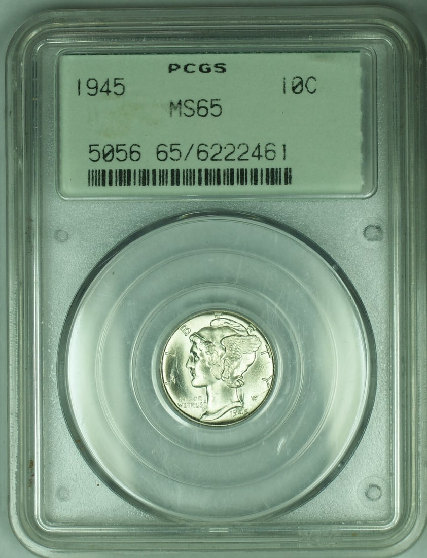 1945 Mercury Dime 10C PCGS MS65 Near Full Bands OGH Holder: 1945 Mercury Dime 10C PCGS MS65 Near Full Bands OGH Holder This 1945 Mercury Dime is graded MS 65 by PCGS and features a near full band. Certified in a PCGS Old Green Holder (OGH), this uncirculated c