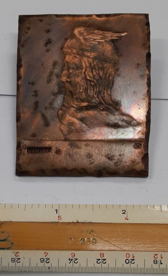 1960s Copper Studio Trial Plate by H Alvin Sharpe with Greek God Motif: 1960s Copper Studio Trial Plate by H Alvin Sharpe with Greek God Motif This vintage studio trial copper plate from the 1960s was crafted by H. Alvin Sharpe. The plate features a design inspired by a G