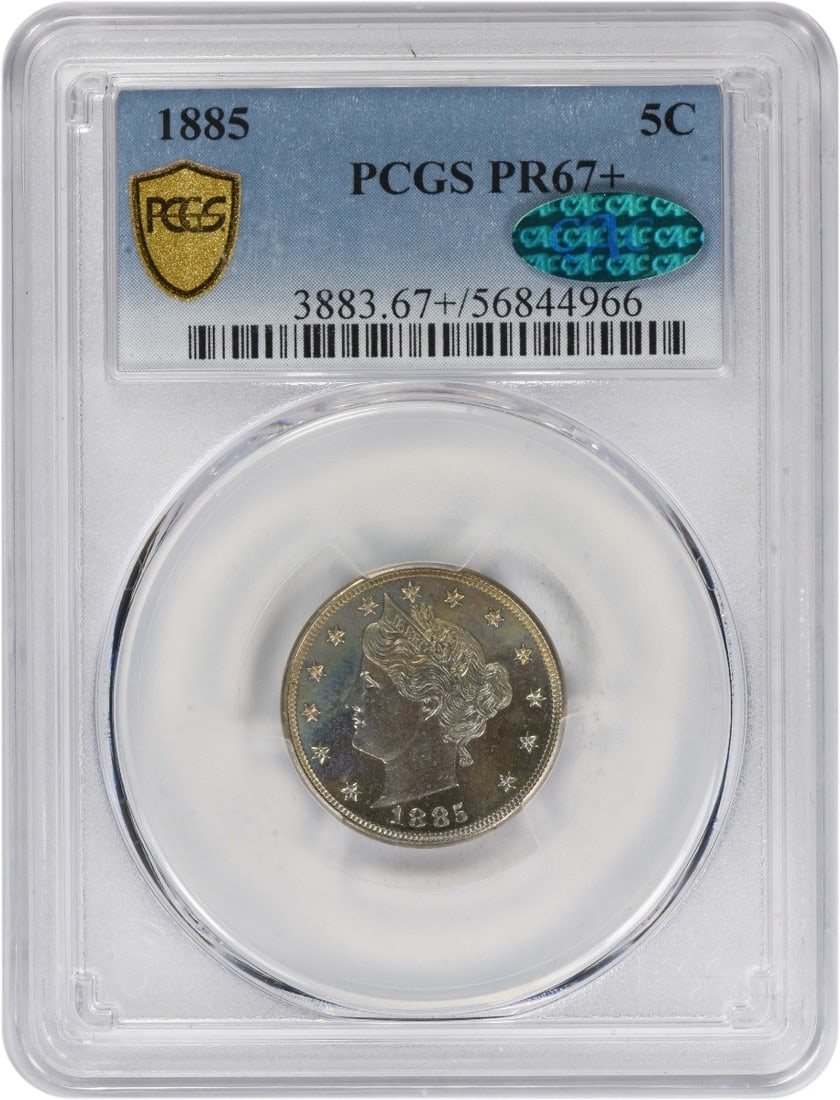 1885 Proof Liberty Nickel PCGS PR67 Plus CAC Certified: 1885 Proof Liberty Nickel PCGS PR67 Plus CAC Certified This 1885 Liberty Nickel is a proof strike graded PR67+ by PCGS and certified by CAC for quality assurance. The coin was struck in Philadelphia a