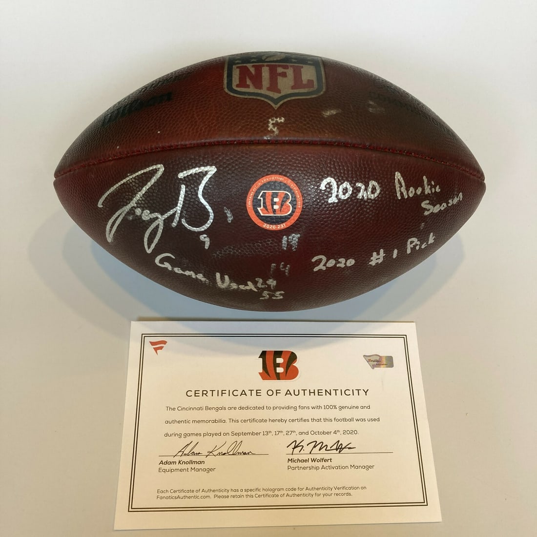 Joe Burrow Signed Game Used Football with Fanatics COA: Joe Burrow Signed Game Used Football with Fanatics COA Celebrate a remarkable moment in NFL history with this Joe Burrow autographed game-used football. This Wilson R. Goodell Official NFL football wa