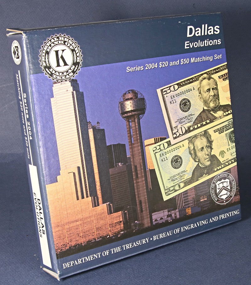 2004 Dallas Federal Reserve $20 and $50 Serial Matched Note Set EK00002131A: 2004 Dallas Federal Reserve $20 and $50 Serial Matched Note Set EK00002131A This is a Series 2004 $20 and $50 Matching Evolutions Set from the Dallas district, featuring both notes with the serial num