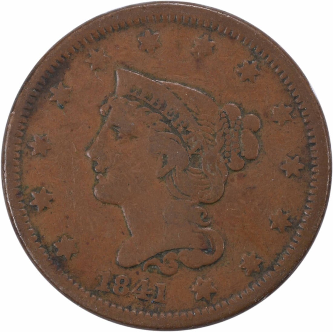 1841 Large Cent Braided Hair Christian Gobrecht Uncertified Coin: 1841 Large Cent Braided Hair Christian Gobrecht Uncertified Coin This 1841 Large Cent features a beautiful Braided Hair design, created by renowned designer Christian Gobrecht. Minted in Philadelphia,