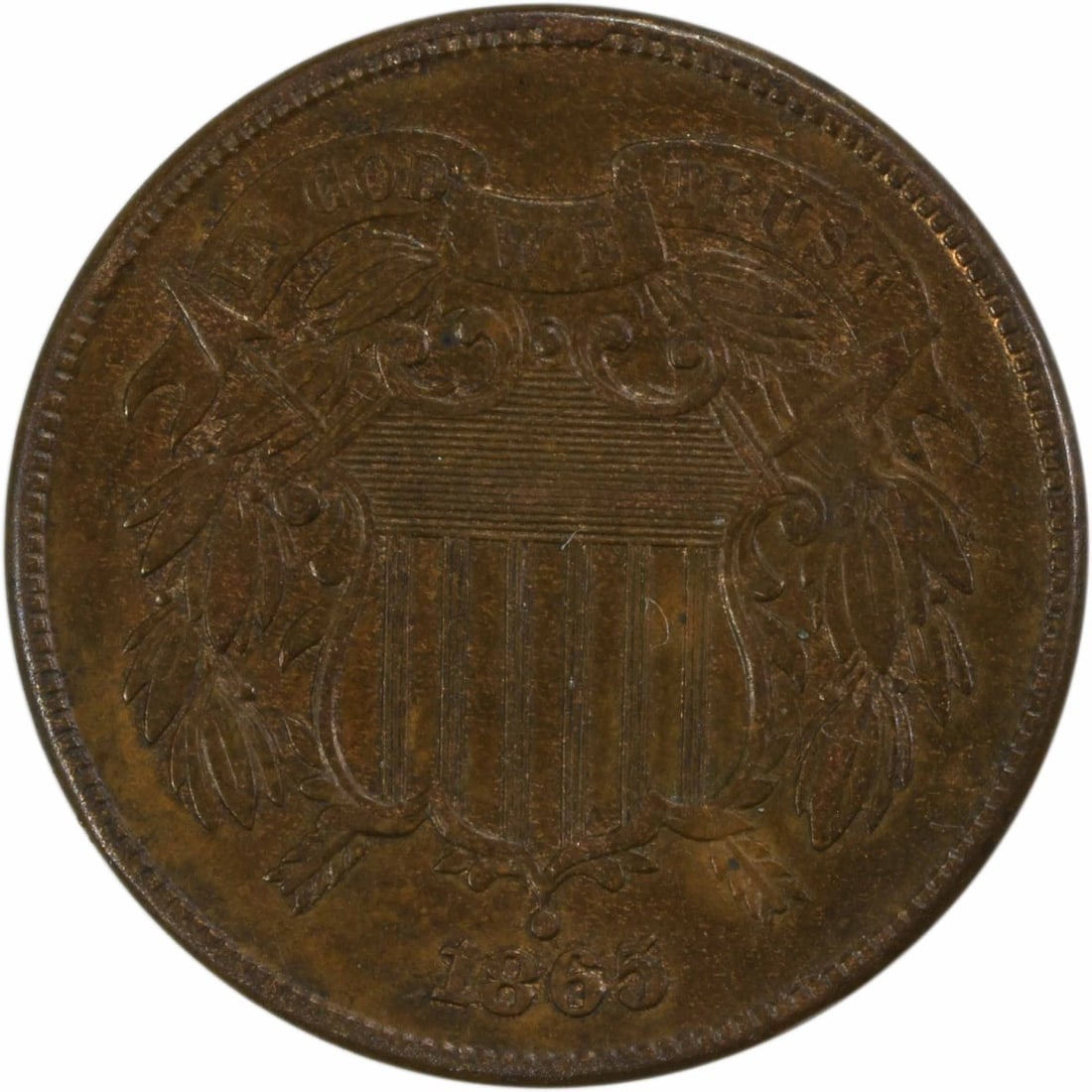 1865 Two Cent Piece AU Bronze Coin Philadelphia Mint (1 of 2)