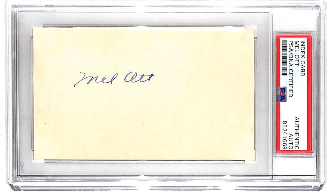 Mel Ott Signed 3x5 Index Card New York Giants PSA Authenticated: Mel Ott Signed 3x5 Index Card New York Giants PSA Authenticated This is a genuine Mel Ott autographed 3x5 index card from his time with the New York Giants. The signature has been authenticated by Pro