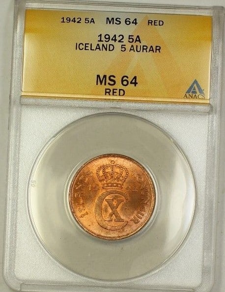 1942 Iceland Five Aurar Copper Coin ANACS MS-64 Red Certified: 1942 Iceland Five Aurar Copper Coin ANACS MS-64 Red Certified This is a 1942 Iceland 5 Aurar copper coin, certified by ANACS with a grade of MS-64 Red. The coin is uncirculated and made of copper, ori