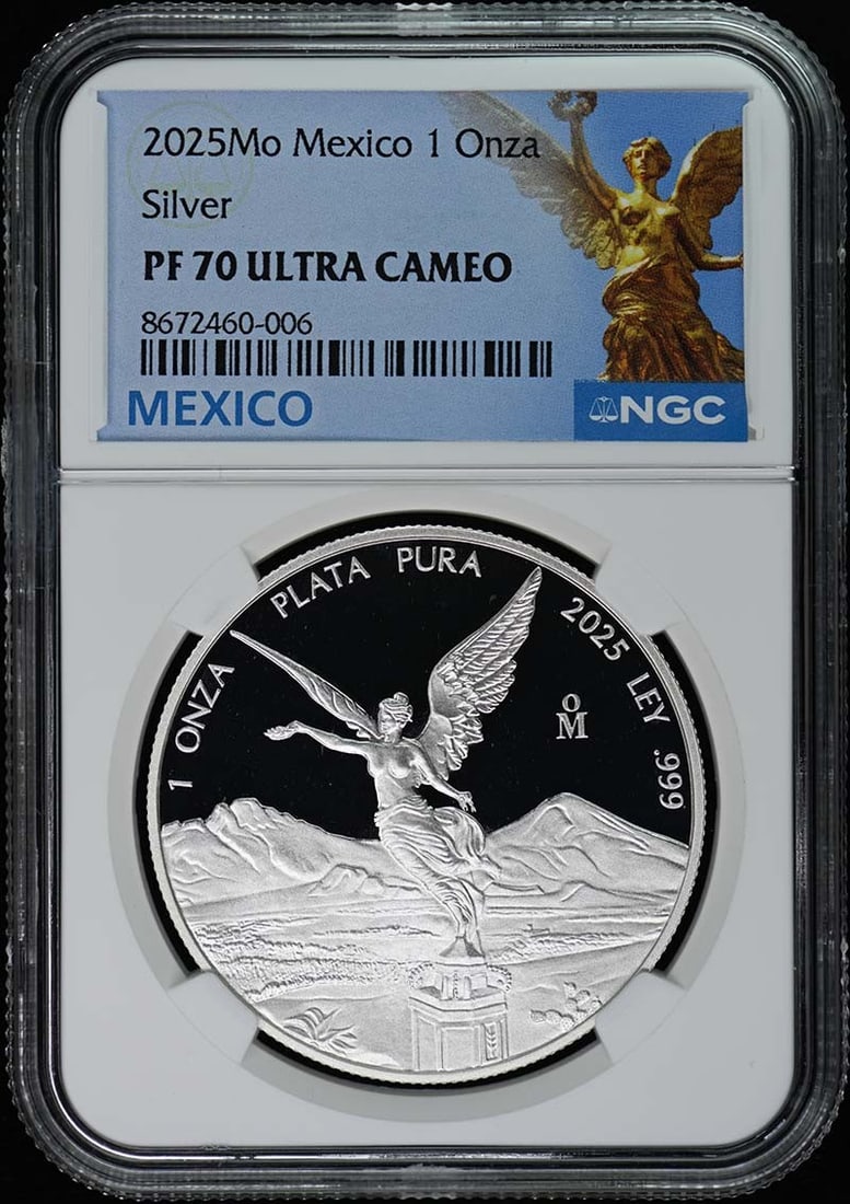 2025 Mexico Onza Silver Libertad NGC PF70UC Limited Mintage 500: 2025 Mexico Onza Silver Libertad NGC PF70UC Limited Mintage 500 This 2025 Mexico Onza Silver Libertad coin is a stunning addition for any collector. Graded PR70 by NGC, this uncirculated coin showcase