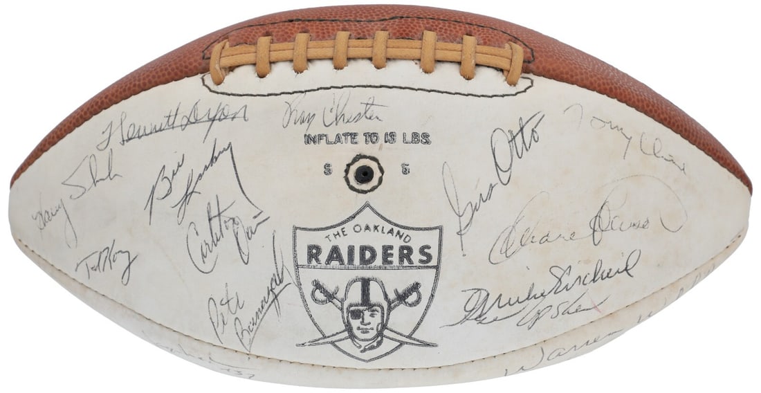 1970 Oakland Raiders Signed Football with Beckett COA 25 Signatures: 1970 Oakland Raiders Signed Football with Beckett COA 25 Signatures This original football is a remarkable collectible signed by 25 members of the 1970 Oakland Raiders, including legendary players suc