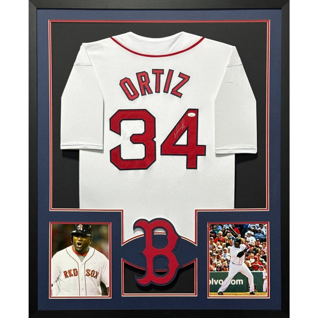 Framed Boston Red Sox Jersey Signed by David Ortiz with JSA Authentication: Framed Boston Red Sox Jersey Signed by David Ortiz with JSA Authentication This framed Boston Red Sox jersey is autographed by David Ortiz, also known as Big Papi. The jersey includes authentication b