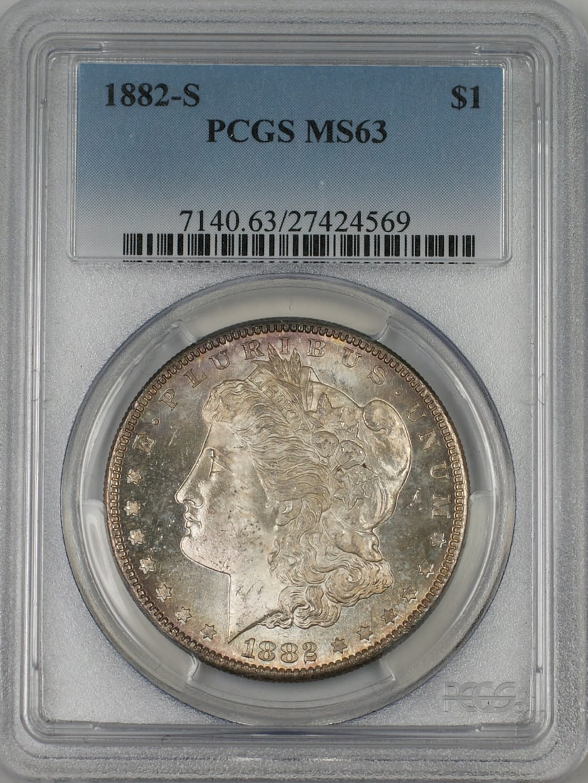 PCGS MS63 1882-S Morgan Dollar Uncirculated Silver Coin San Francisco Mint: PCGS MS63 1882-S Morgan Dollar Uncirculated Silver Coin San Francisco Mint This is an 1882-S Morgan Silver Dollar $1 coin, certified by PCGS with a grade of MS-63. The coin features beautiful toning a