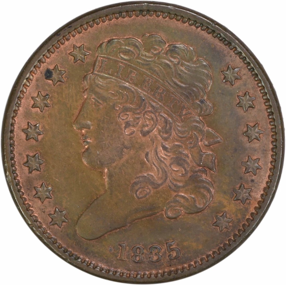 1835 Classic Head Half Cent Uncertified Copper Coin: 1835 Classic Head Half Cent Uncertified Copper Coin This 1835 Half Cent features the Classic Head design, showcasing its historical significance and craftsmanship. It is in uncirculated condition, ind