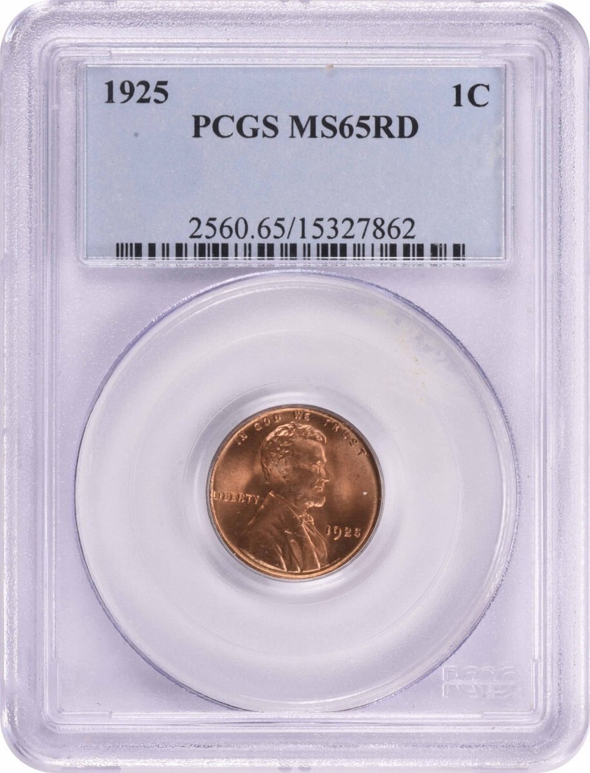 1925 Lincoln Cent MS65RD PCGS Uncirculated Coin: 1925 Lincoln Cent MS65RD PCGS Uncirculated Coin This 1925 Lincoln Cent, certified by PCGS, showcases an uncirculated grade of MS65RD. Minted in Philadelphia, this coin features the iconic Lincoln Whea