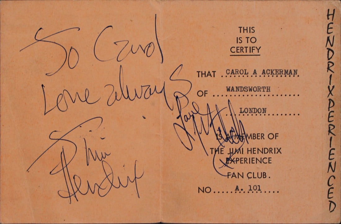 Jimi Hendrix Mitch Mitchell Signed 1967 UK Fan Club Booklet BAS AD85591: Jimi Hendrix Mitch Mitchell Signed 1967 UK Fan Club Booklet BAS AD85591 This original 1967 'I Am Experienced' UK Fan Club membership booklet is a rare collectible signed by music legend Jimi Hendrix a