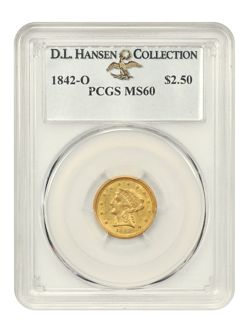 1842-O $2.50 Liberty Head Gold Coin PCGS MS60 Uncirculated: 1842-O $2.50 Liberty Head Gold Coin PCGS MS60 Uncirculated This 1842-O $2.50 Liberty Head gold coin is graded MS60 by PCGS, showcasing an uncirculated condition. Minted in New Orleans, it is part of t