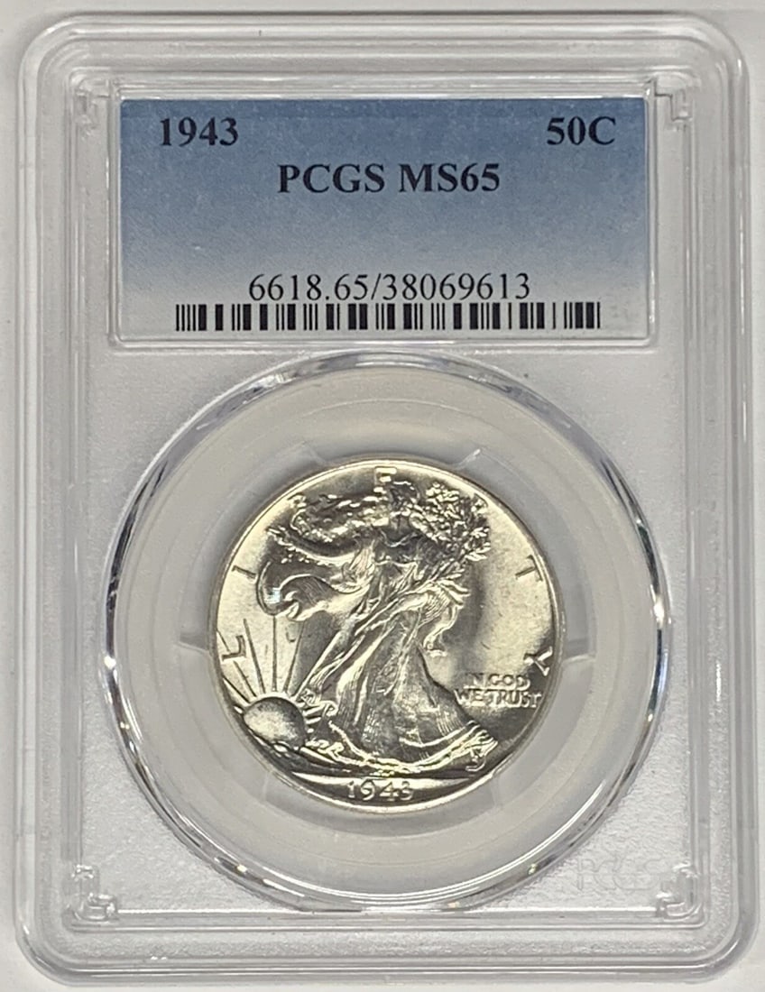 PCGS MS 65 1943 Liberty Walking Half Dollar Uncirculated 50C Coin: PCGS MS 65 1943 Liberty Walking Half Dollar Uncirculated 50C Coin This 1943 Walking Liberty Half Dollar coin from the United States is an uncirculated example graded MS 65 by PCGS. It features the ico