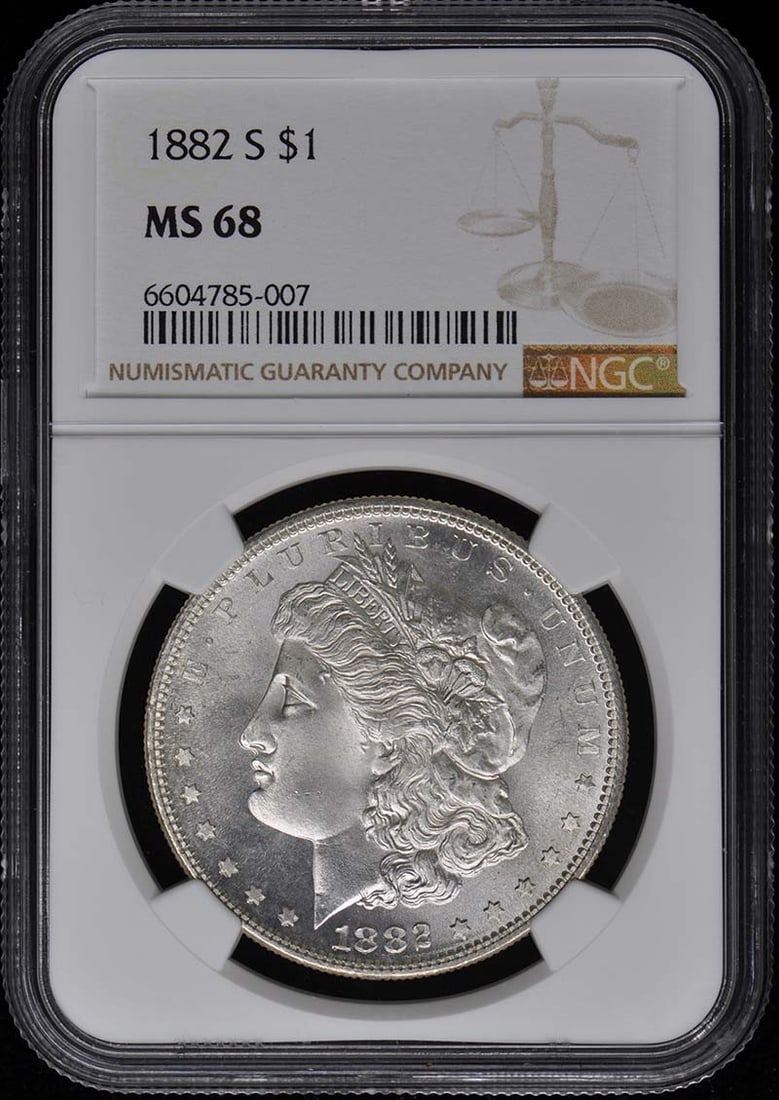 1882-S Morgan Dollar NGC MS68 Uncirculated San Francisco Coin: 1882-S Morgan Dollar NGC MS68 Uncirculated San Francisco Coin This stunning 1882-S Morgan Dollar is graded MS68 by NGC, ensuring its exceptional quality and detail. Struck at the San Francisco Mint, t