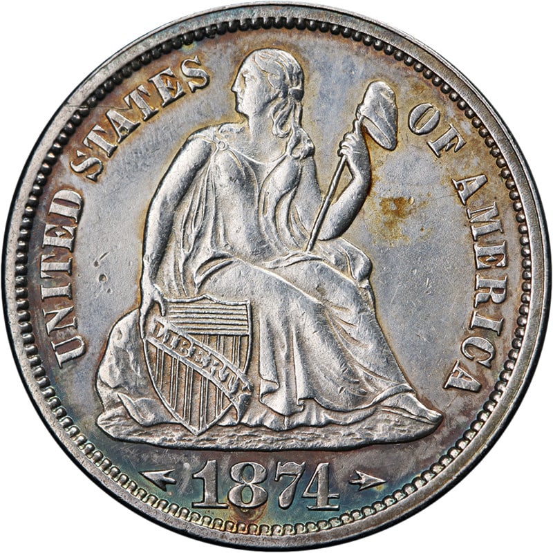 1874-P Seated Liberty Dime Arrows Uncirculated Silver Nice Eye Appeal: 1874-P Seated Liberty Dime Arrows Uncirculated Silver Nice Eye Appeal This 1874-P Seated Liberty Dime 'Arrows' showcases appealing luster and a well-defined strike, making it a standout piece for coll