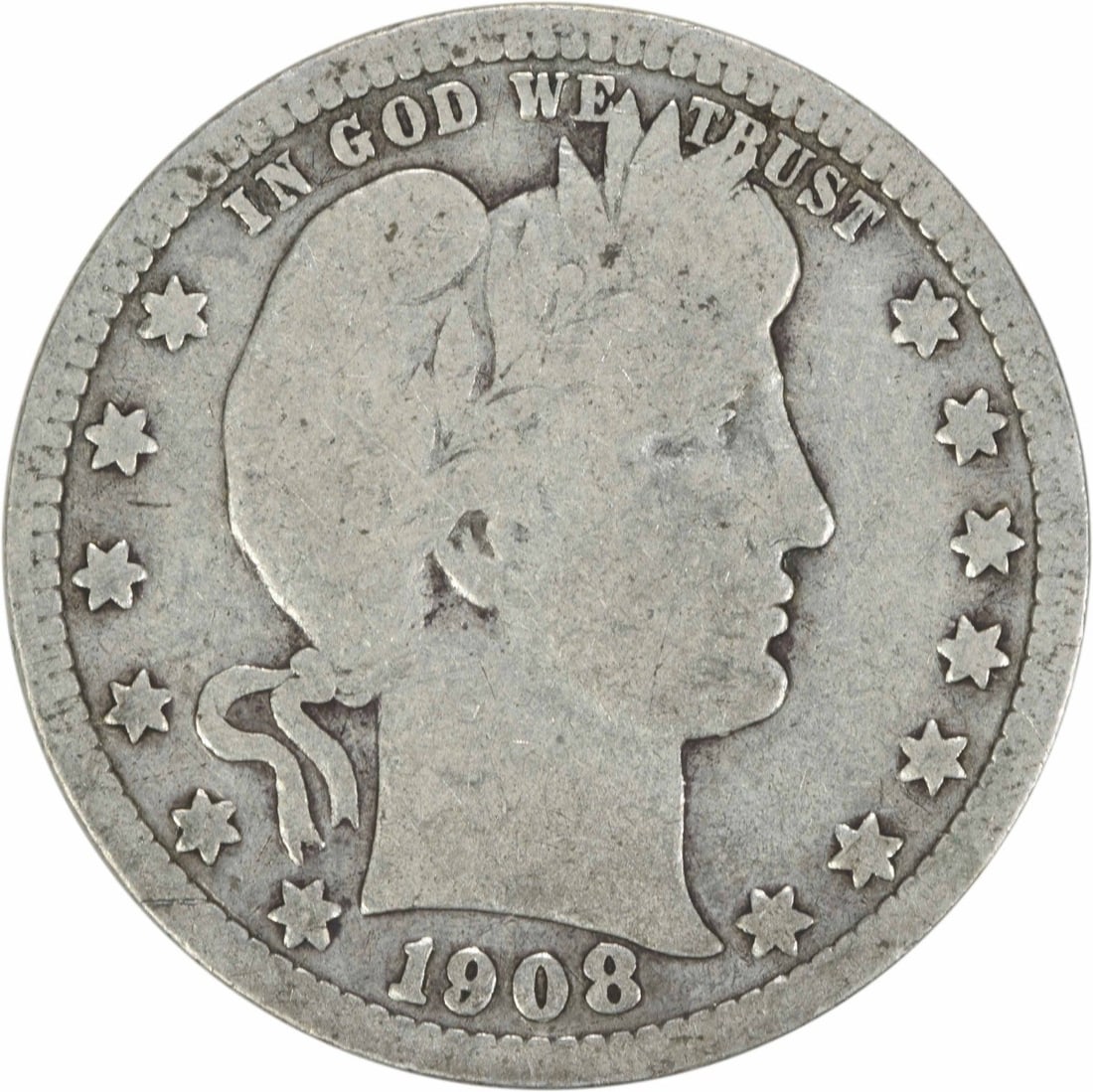 1908-S Barber Quarter 90% Silver Uncertified Circulated: 1908-S Barber Quarter 90% Silver Uncertified Circulated This 1908-S Barber Silver Quarter is a classic piece of American numismatics, showcasing the work of designer Charles E. Barber. Struck at the S