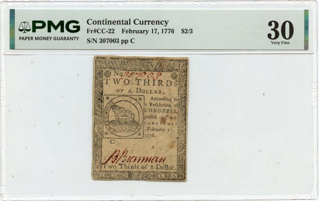 February 17 1776 $2/3 Continental Currency Note PMG VF30 Certified (1 of 2)