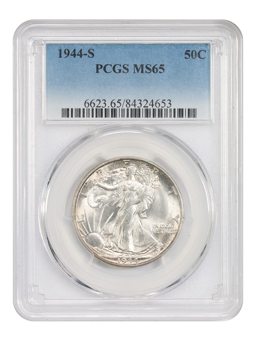 PCGS MS65 1944-S Walking Liberty Half Dollar 50 Cent Coin: PCGS MS65 1944-S Walking Liberty Half Dollar 50 Cent Coin This 1944-S Walking Liberty Half Dollar is graded MS65 by PCGS. Struck at the San Francisco Mint, this uncirculated coin is part of the Walkin