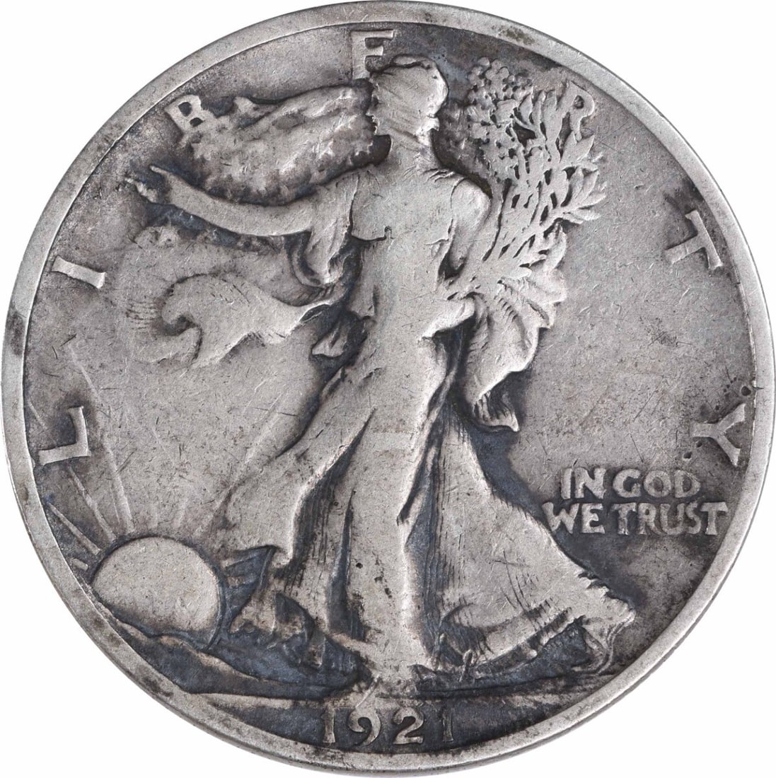 1921 San Francisco Silver Walking Liberty Half Dollar Fine Grade Uncertified: 1921 San Francisco Silver Walking Liberty Half Dollar Fine Grade Uncertified This 1921-S Walking Liberty Half Dollar is a circulated coin minted in San Francisco. Designed by Adolph Alexander Weinman,