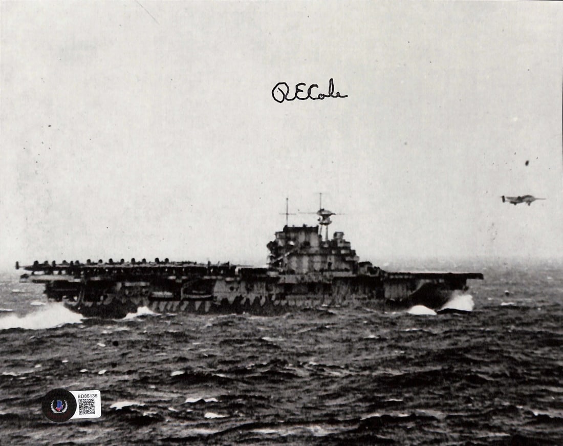 Richard Cole Signed 8x10 WWII Doolittle Raid Photo Beckett Authenticated: Richard Cole Signed 8x10 WWII Doolittle Raid Photo Beckett Authenticated This remarkable signed 8x10 photograph captures the USS Hornet with B-25 bombers during the historic Doolittle Raid, personally