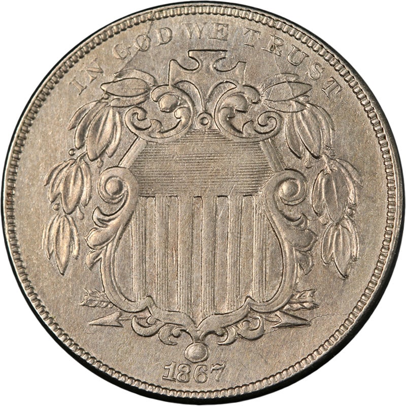 1867 Shield Nickel Rays Choice AU BU Great Eye Appeal: 1867 Shield Nickel Rays Choice AU BU Great Eye Appeal This 1867 Shield Nickel 'Rays' is graded Choice AU/BU, showcasing exceptional eye appeal with a beautiful luster and well-defined strike. The coin