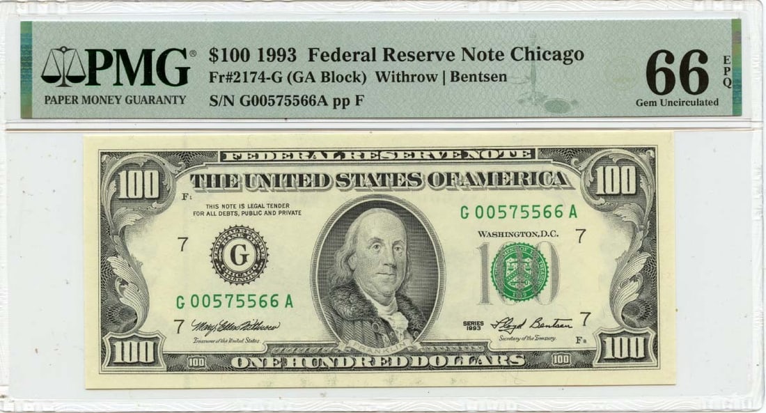 PMG Graded GEM 66 EPQ 1993 $100 Chicago Federal Reserve Note: PMG Graded GEM 66 EPQ 1993 $100 Chicago Federal Reserve Note This 1993 $100 Federal Reserve Note from Chicago is graded by PMG as GEM 66 EPQ, indicating exceptional paper quality and uncirculated cond