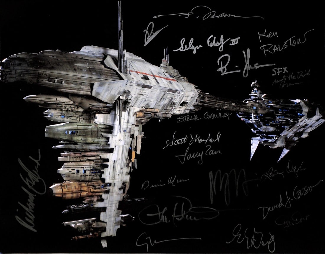 11x14 Photo Signed by 18 ILM Medical Frigate Builders Star Wars Beckett Authenticated: 11x14 Photo Signed by 18 ILM Medical Frigate Builders Star Wars Beckett Authenticated This 11x14 inch color photograph features the Medical Frigate from Star Wars: Return of the Jedi and is signed by