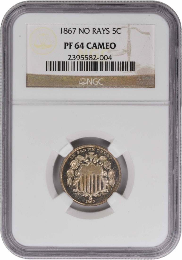 1867 Proof Shield Nickel PR64CAM Graded by NGC: 1867 Proof Shield Nickel PR64CAM Graded by NGC This 1867 Shield Nickel is a proof coin graded PR64CAM by NGC. Struck in Philadelphia, this uncirculated 5-cent piece features a composition of 75% coppe