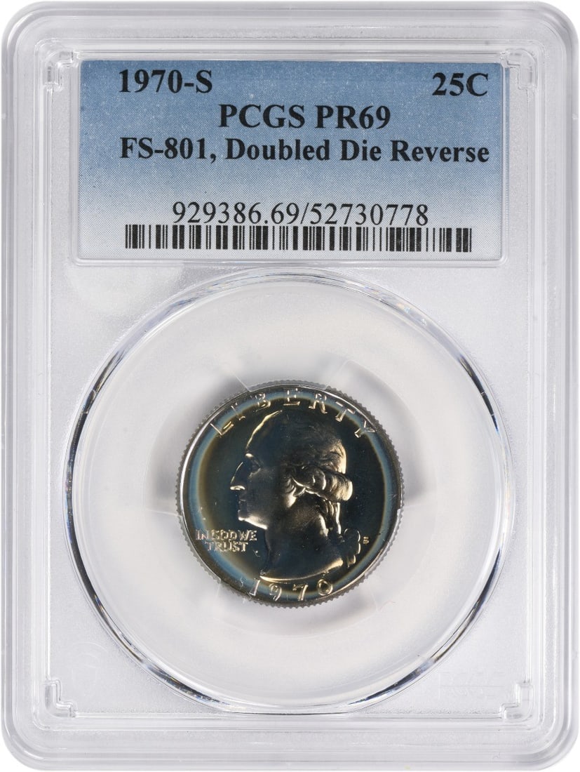 1970-S Washington Quarter Proof PR69 PCGS FS-801 Uncirculated: 1970-S Washington Quarter Proof PR69 PCGS FS-801 Uncirculated This 1970-S Washington Quarter features a Double Die Reverse (DDR) and is graded PR69 by PCGS, indicating a high level of quality. Minted
