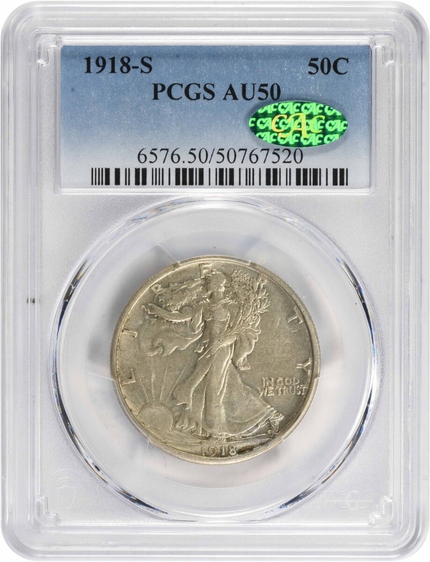 1918-S Walking Liberty Silver Half Dollar AU50 PCGS CAC Certified: 1918-S Walking Liberty Silver Half Dollar AU50 PCGS CAC Certified This 1918-S Walking Liberty Silver Half Dollar is a stunning piece for collectors. Graded AU50 by PCGS and recognized with a CAC certi