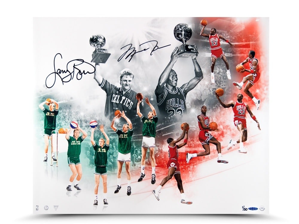 Michael Jordan Larry Bird Autographed Metallic Photo 20X24 Limited Edition #/50: Michael Jordan Larry Bird Autographed Metallic Photo 20X24 Limited Edition #/50 This striking 20X24 metallic photo features the legendary duo of Michael Jordan and Larry Bird, showcasing their iconic