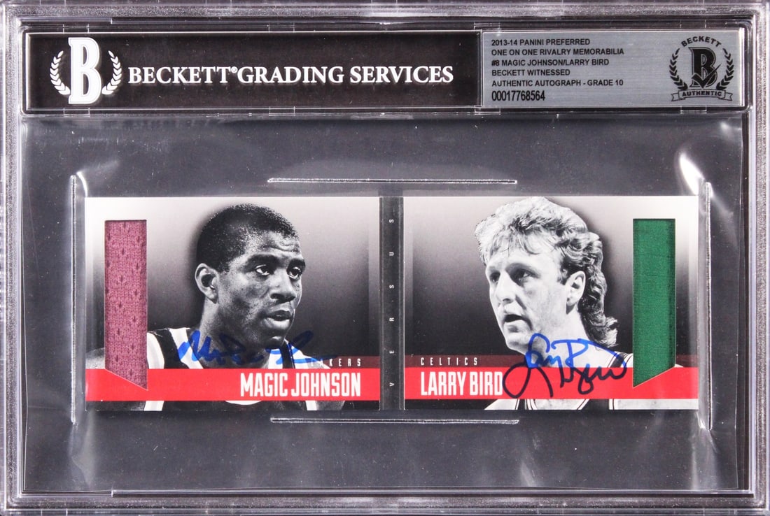 Larry Bird Magic Johnson Signed 2013 Panini Preferred #8 Auto Gem Mint 10 Beckett: Larry Bird Magic Johnson Signed 2013 Panini Preferred #8 Auto Gem Mint 10 Beckett Celebrate basketball history with this autographed 2013 Panini Preferred #8 card, featuring the legendary rivalry betw