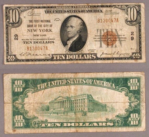 1929 $10 National Bank Note First National Bank New York Charter 29 (1 of 1)