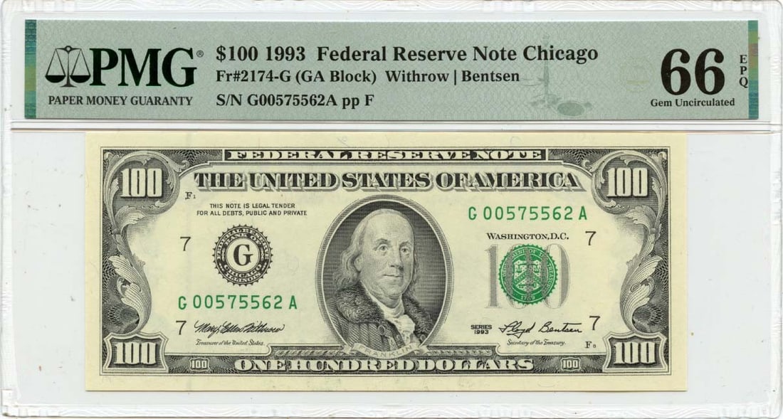 PMG Graded 1993 $100 Chicago Federal Reserve Note Gem 66 EPQ: PMG Graded 1993 $100 Chicago Federal Reserve Note Gem 66 EPQ This is a 1993 $100 Federal Reserve Note from Chicago, graded PMG GEM 66 EPQ. The note is uncirculated and certified by PMG, offering a hig