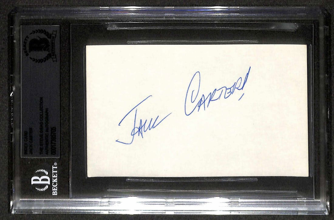 Jack Carter Signed 3x5 Index Card Beckett Authenticated: Jack Carter Signed 3x5 Index Card Beckett Authenticated This 3x5 index card features the autograph of renowned comedian and actor Jack Carter, signed in blue ballpoint pen. The item is authenticated b