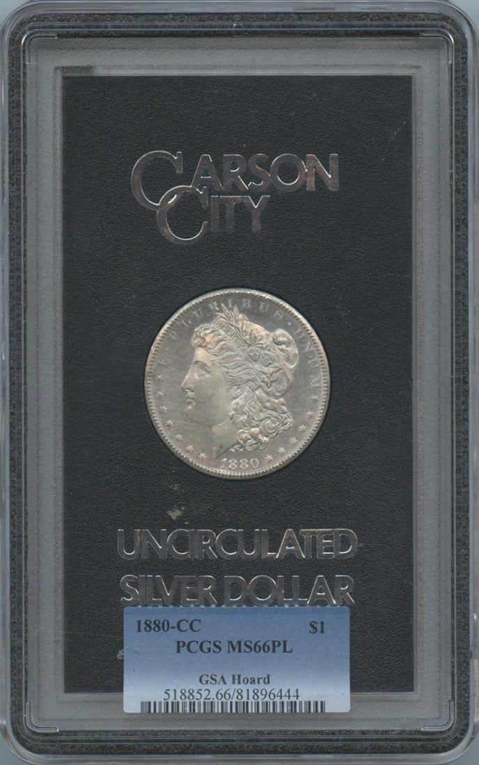PCGS MS66 PL 1880 Carson City Morgan Silver Dollar GSA Hoard: PCGS MS66 PL 1880 Carson City Morgan Silver Dollar GSA Hoard This 1880-CC Morgan Dollar from the GSA Hoard is graded MS66 PL by PCGS. Struck at the Carson City Mint, this uncirculated coin features th